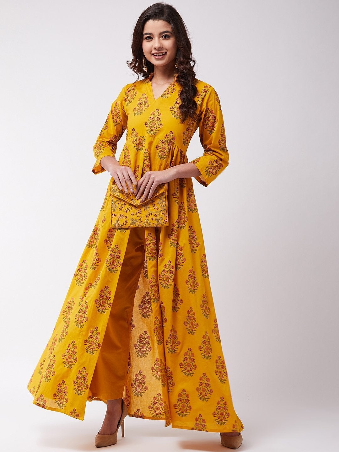 Women's Mustard Mughal Print Slit Kurta Pant Set - InWeave