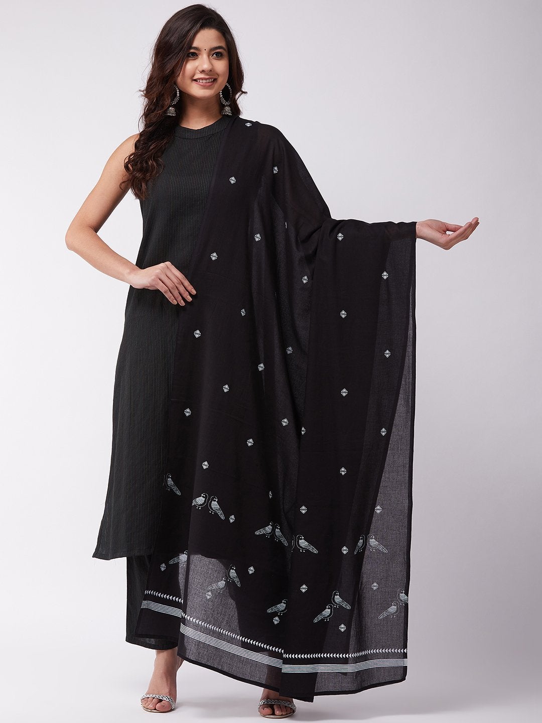 Women's Black Kantha Halter Kurta Pant Set