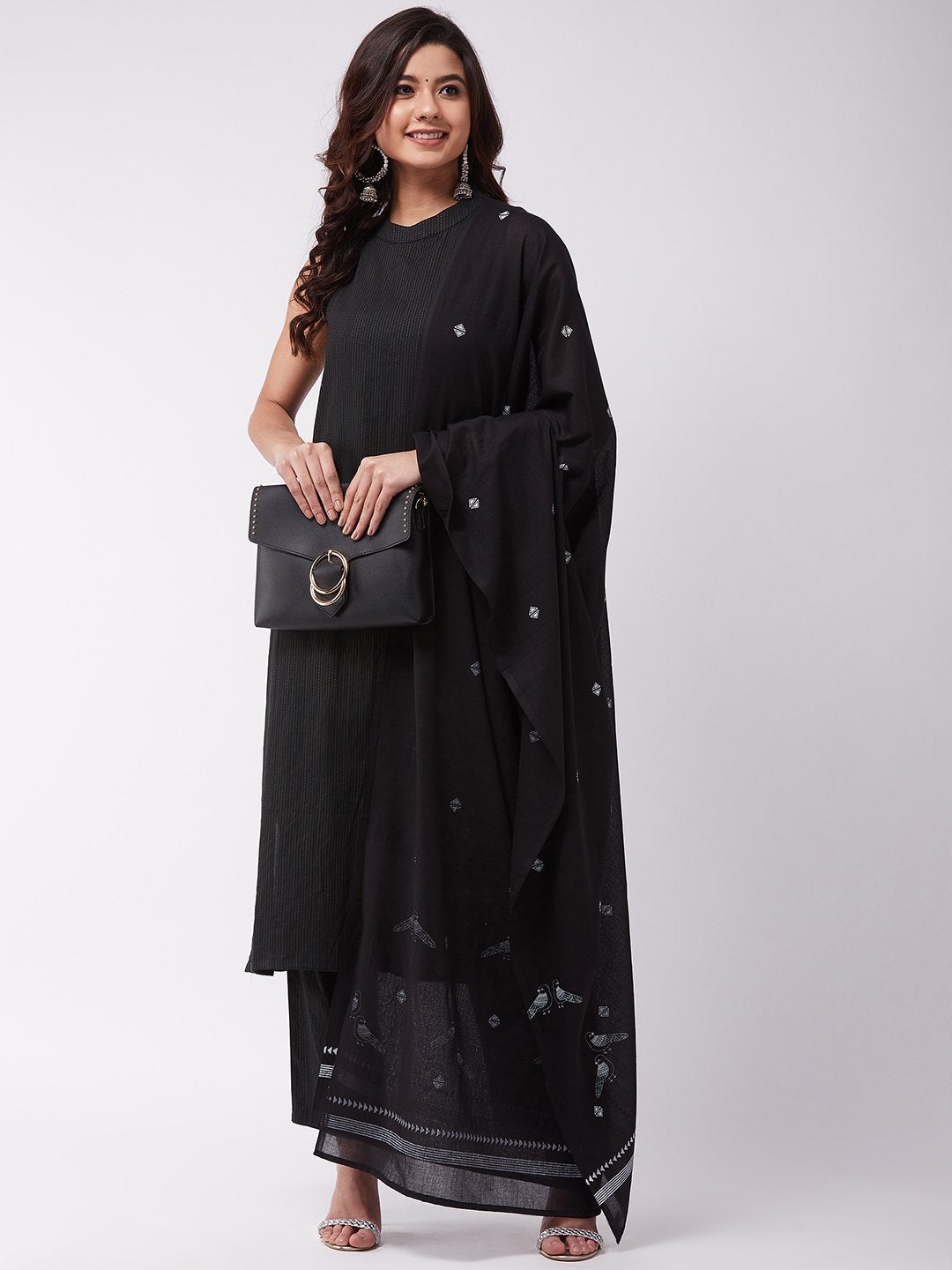 Women's Black Kantha Halter Kurta Pant Set