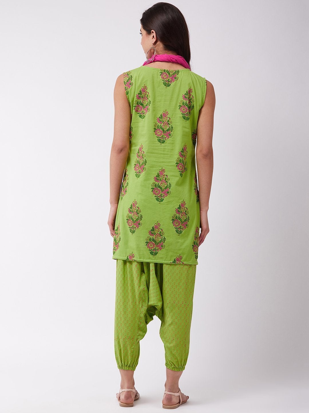 Women's Bright Green Block Print Kurta Harem Set - InWeave