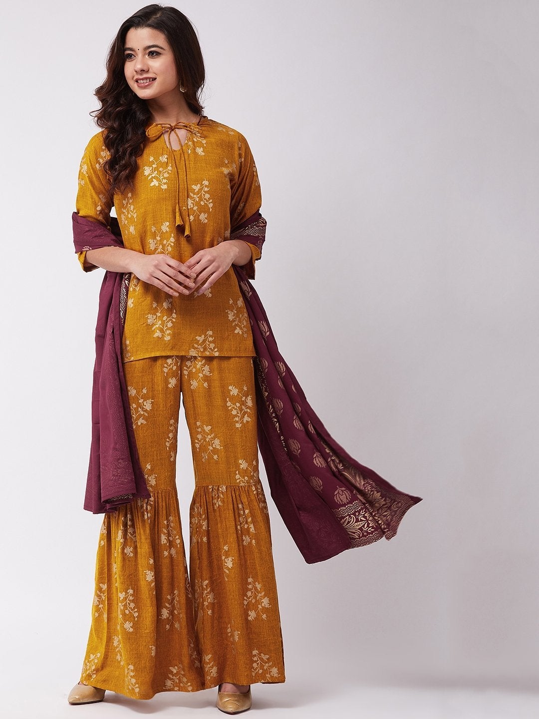 Women's Mustard Gold Short Kurta Sharara Set - InWeave