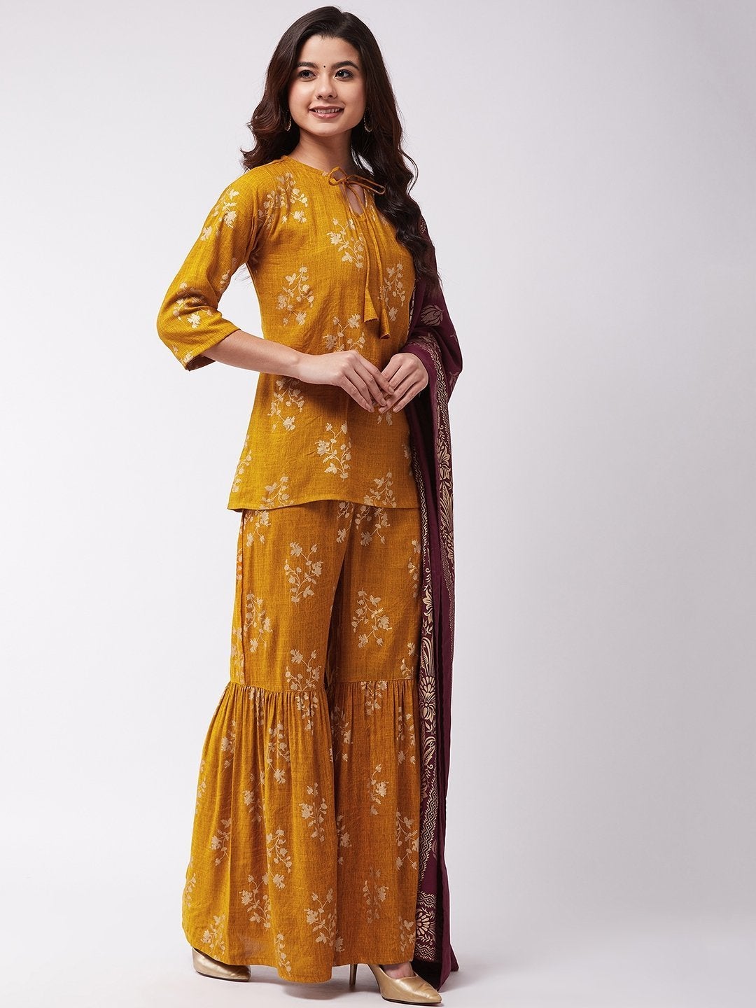Women's Mustard Gold Short Kurta Sharara Set - InWeave