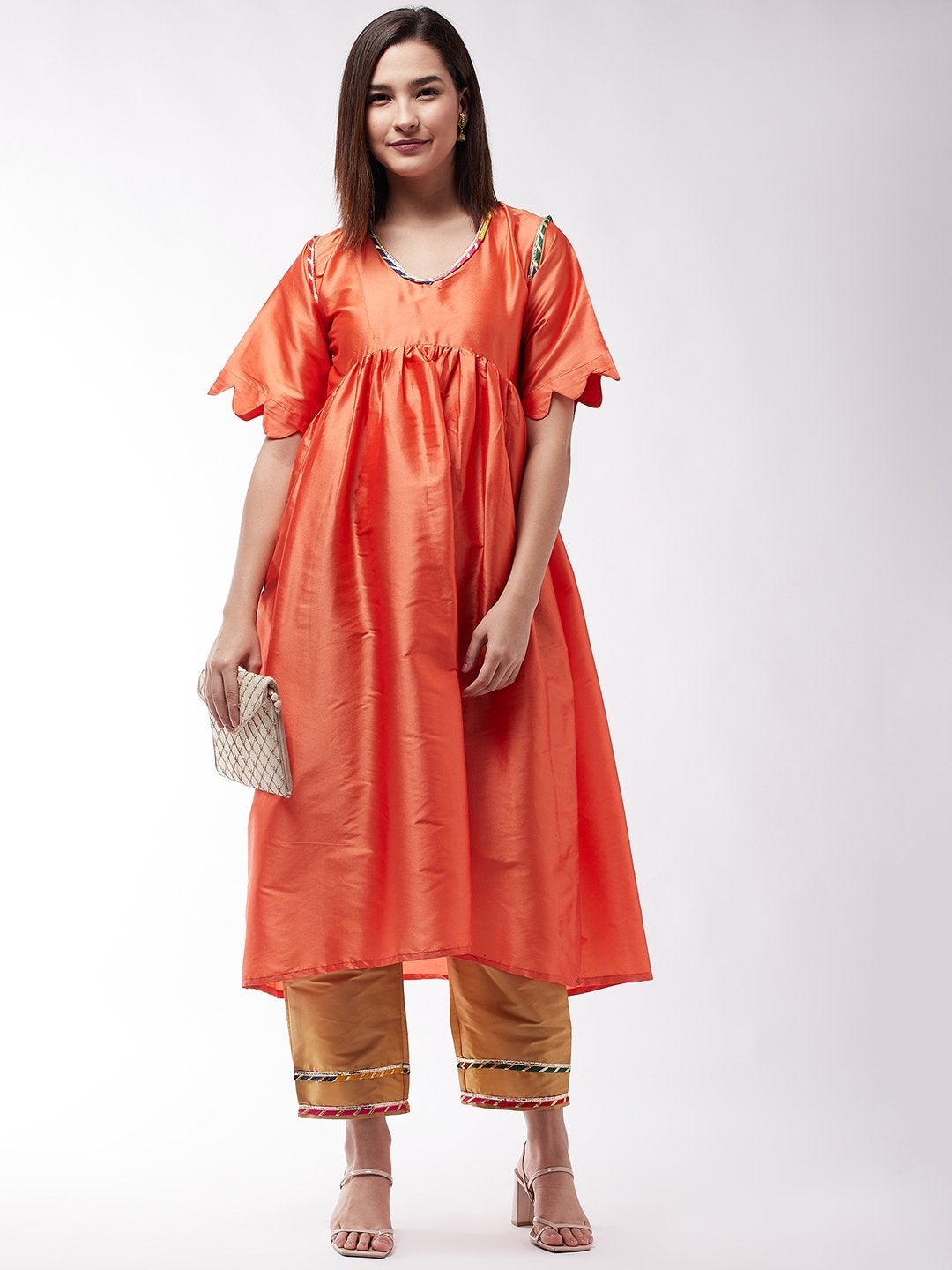 Women's Orange And Golden Wavy Sleeves Gota Kurta Set - InWeave