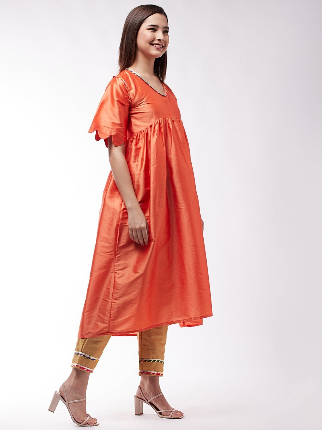 Women's Orange And Golden Wavy Sleeves Gota Kurta Set - InWeave