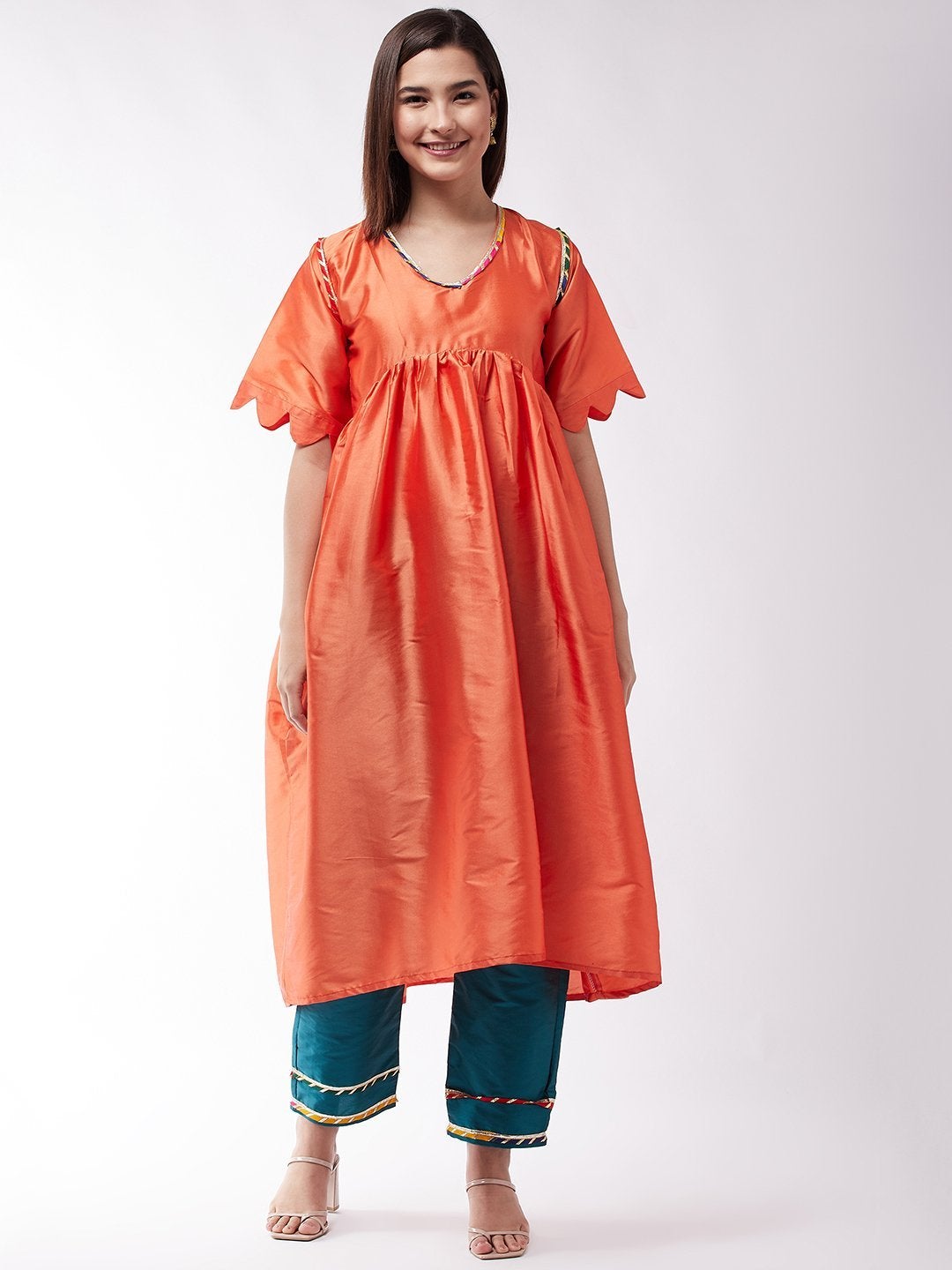Women's Orange And Teal Green Wavy Sleeves Gota Kurta Set - InWeave