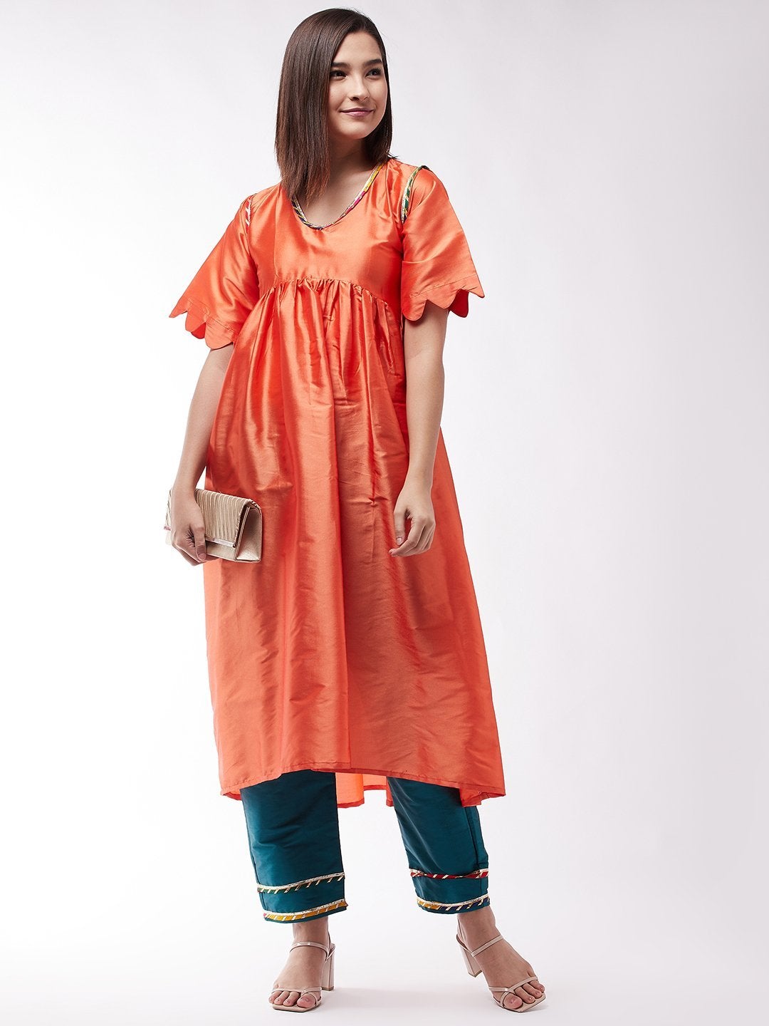 Women's Orange And Teal Green Wavy Sleeves Gota Kurta Set - InWeave