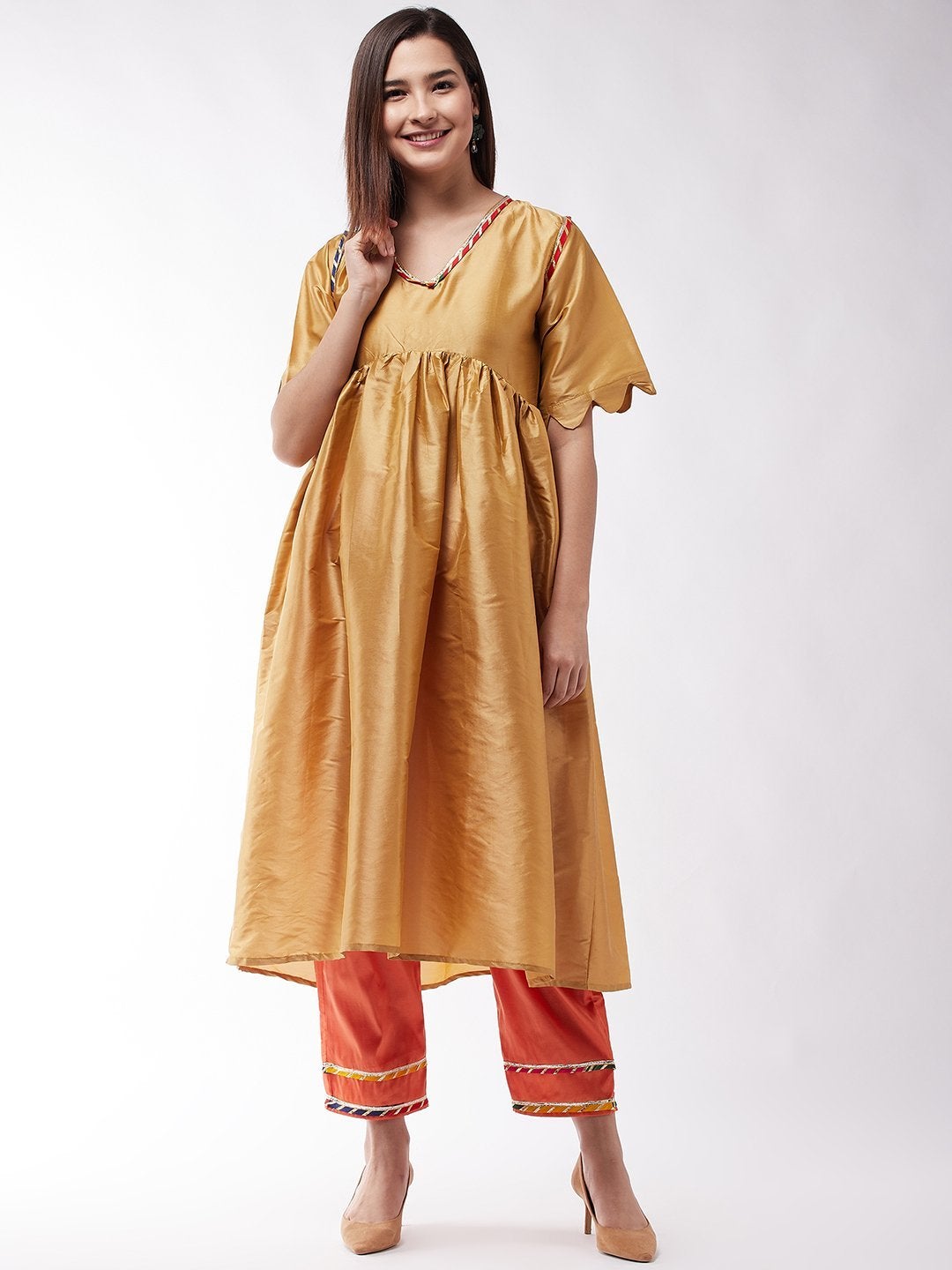 Women's Golden And Orange Wavy Sleeves Gota Kurta Set - InWeave