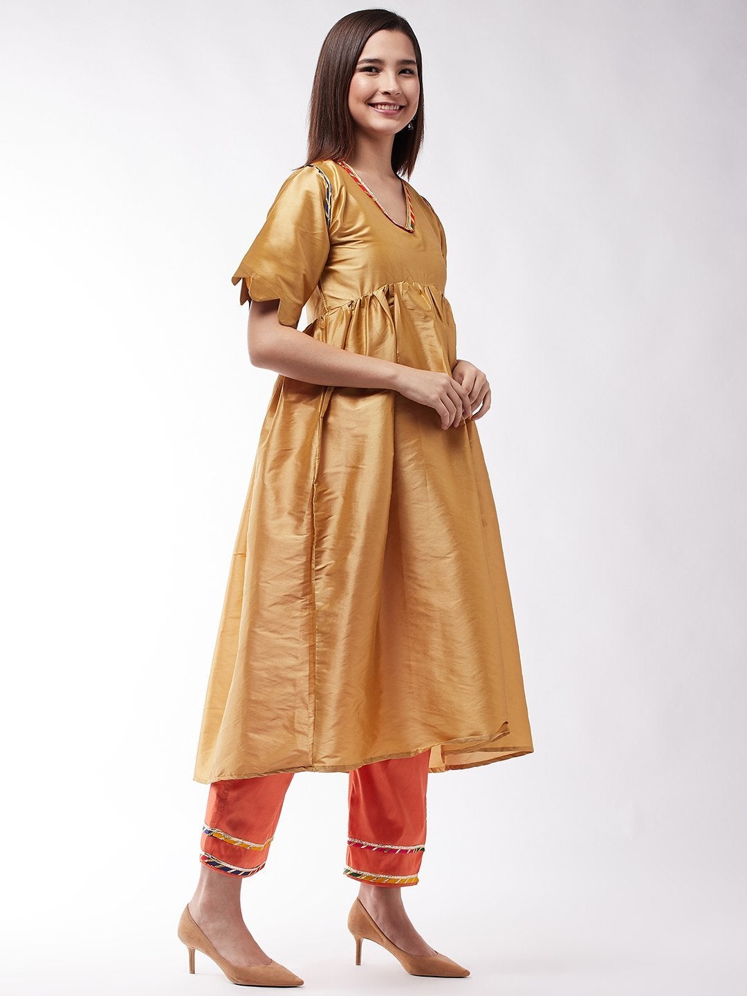 Women's Golden And Orange Wavy Sleeves Gota Kurta Set - InWeave