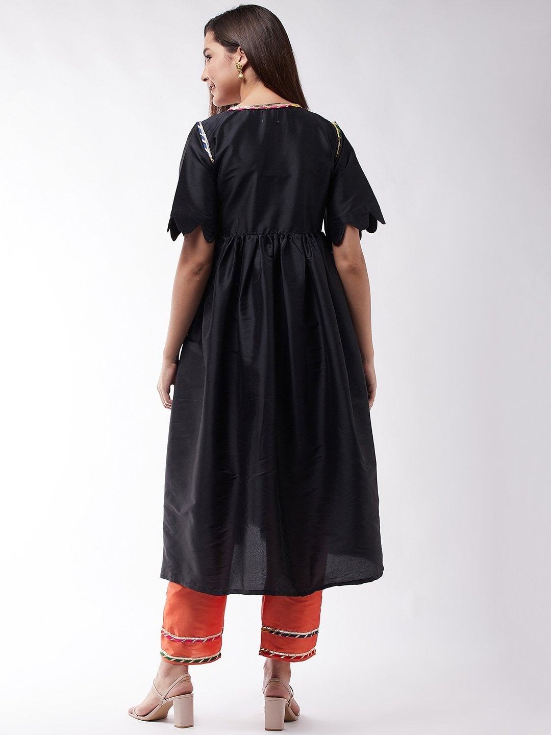 Women's Black And Orange Wavy Sleeves Gota Kurta Set - InWeave