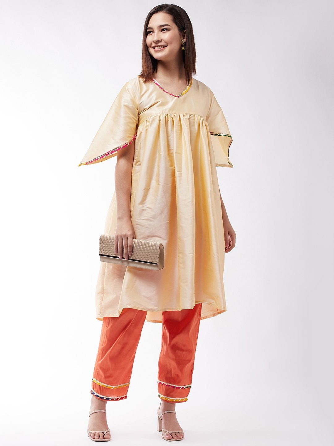 Women's Beige And Orange Cut Bell Sleeve Gota Kurta Set - InWeave