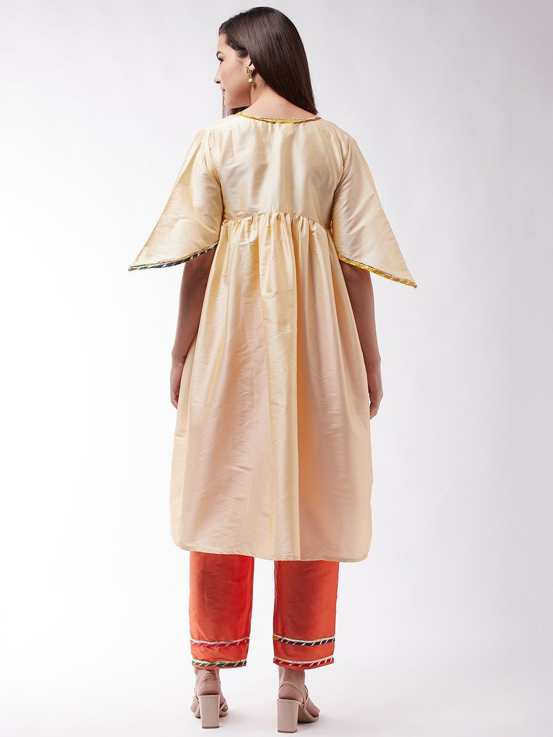 Women's Beige And Orange Cut Bell Sleeve Gota Kurta Set - InWeave