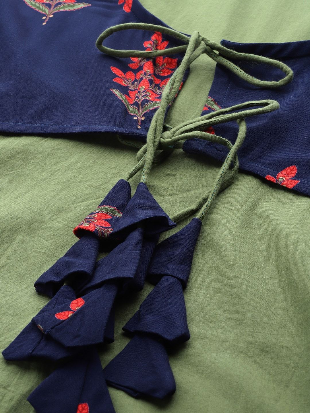 Women's Olive Green & Navy Blue Printed Layered Detail A-Line Kurta - Meeranshi