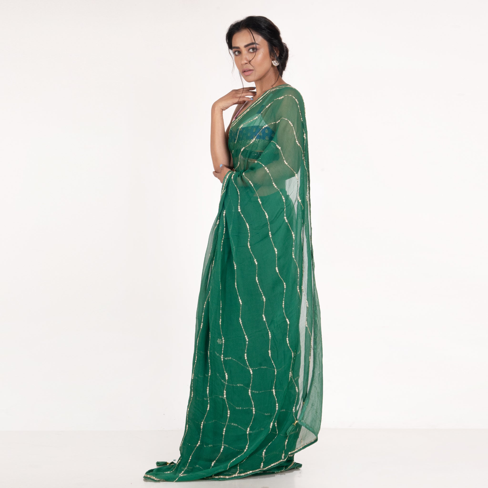 Women's Forest Green Pure Chiffon Saree With Hand Embroidered Work Of Pearl And Beads - Boveee