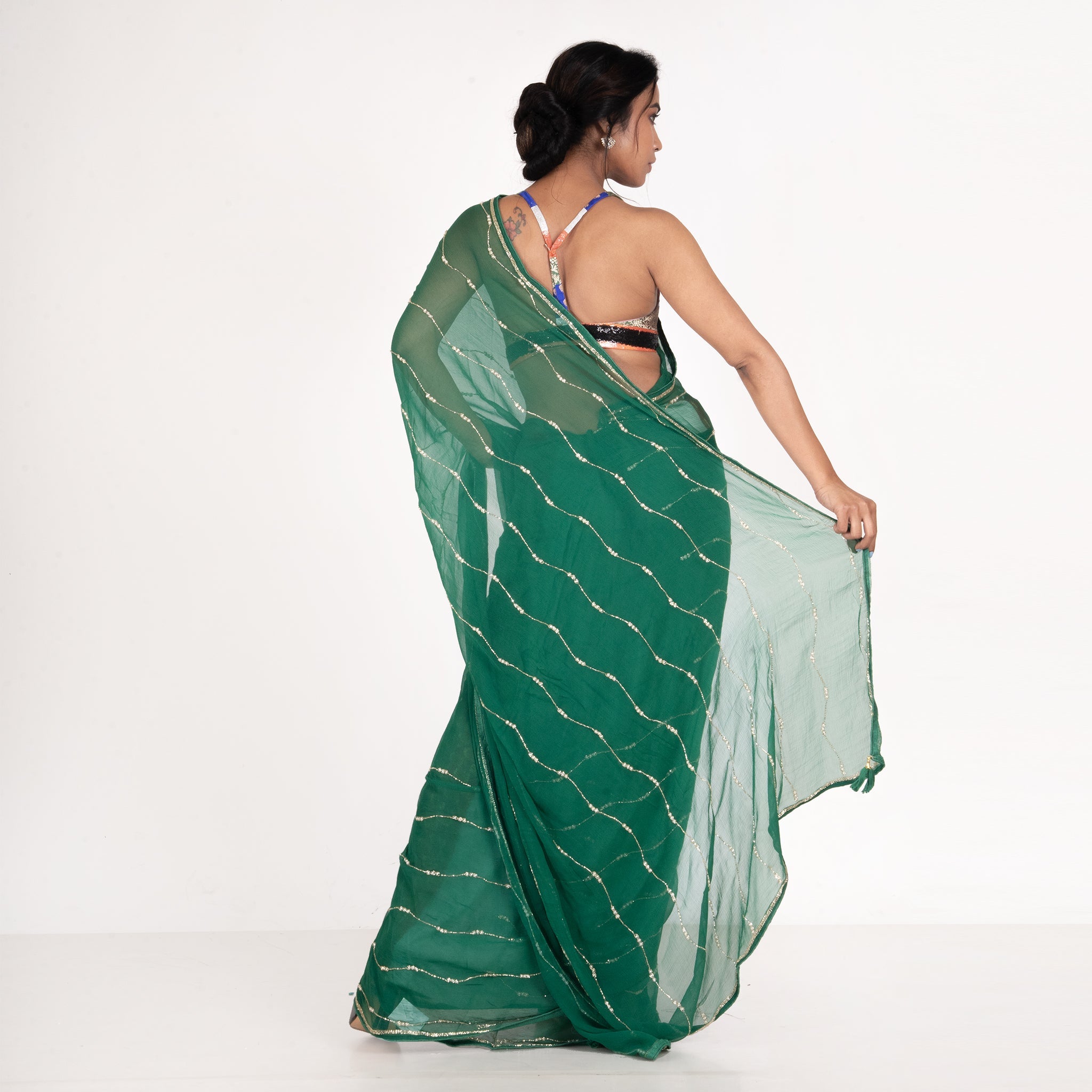 Women's Forest Green Pure Chiffon Saree With Hand Embroidered Work Of Pearl And Beads - Boveee