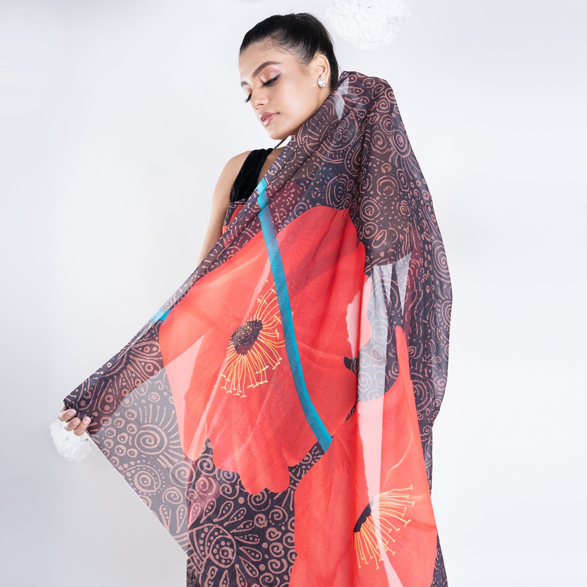 Women's Claire Georgette Digital Printed  Saree In Black Color