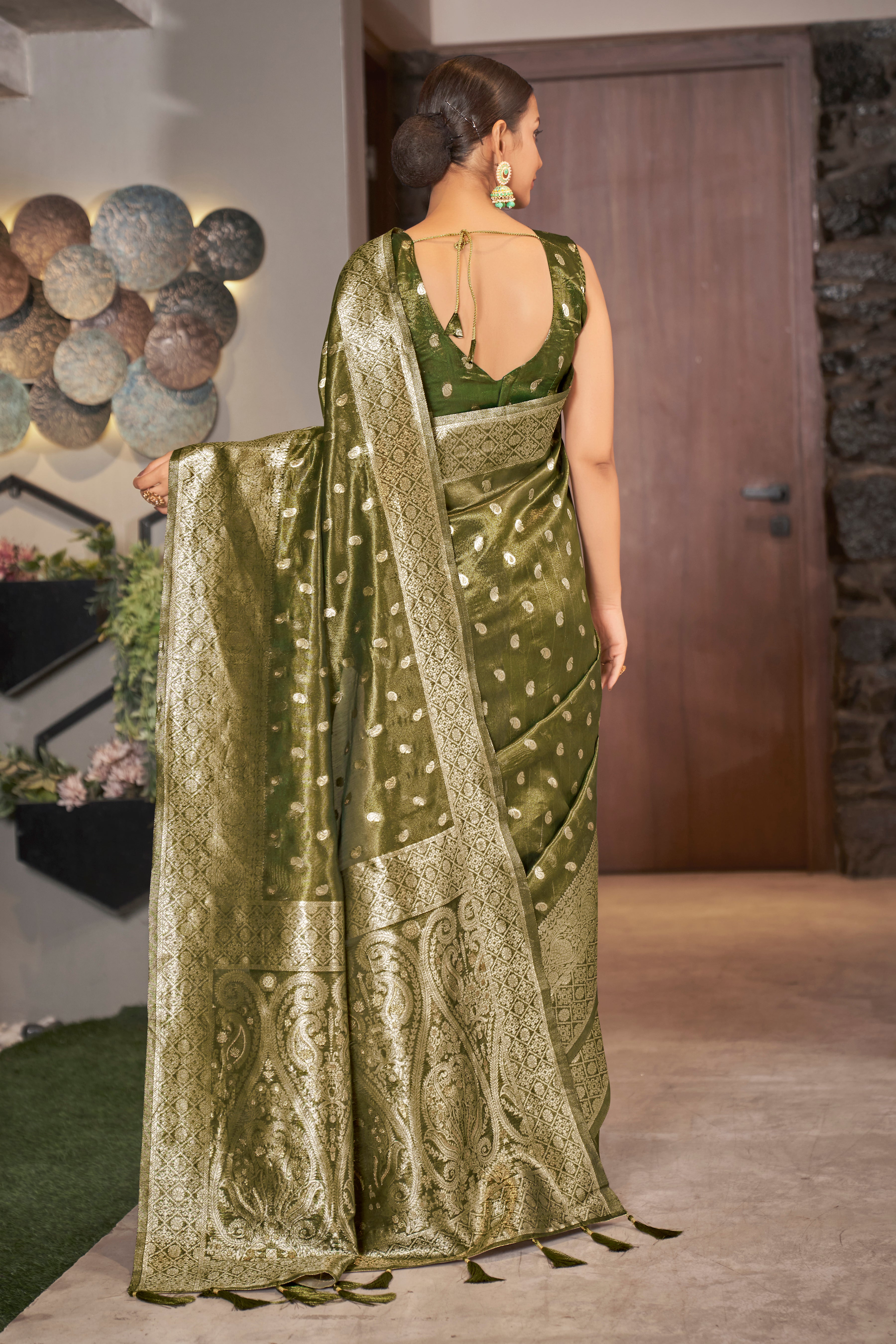 Women's Olive Color Weaving Zari Work Classic Saree For Festival - Monjolika