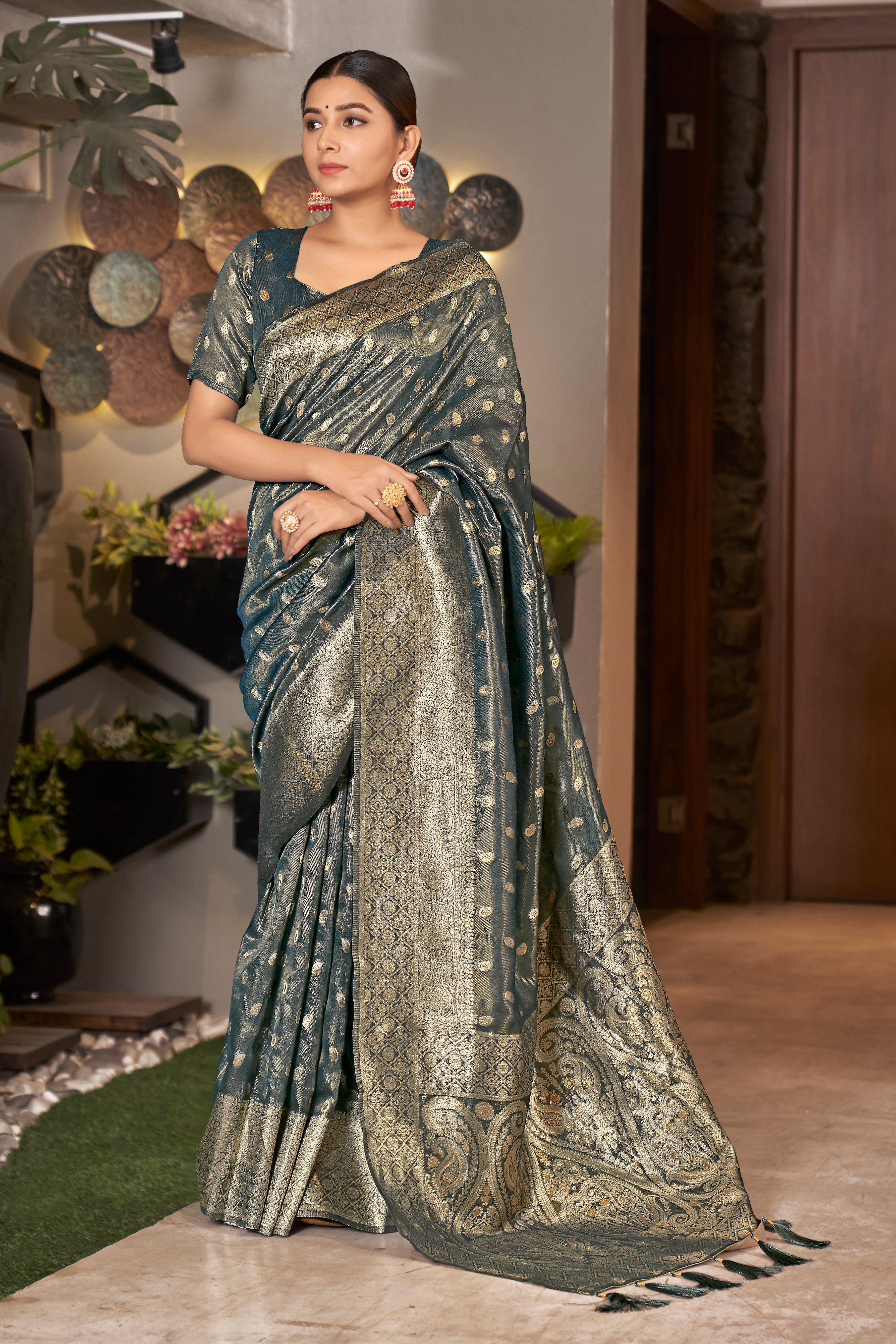 Women's Grey Color Weaving Zari Work Classic Saree For Festival - Monjolika