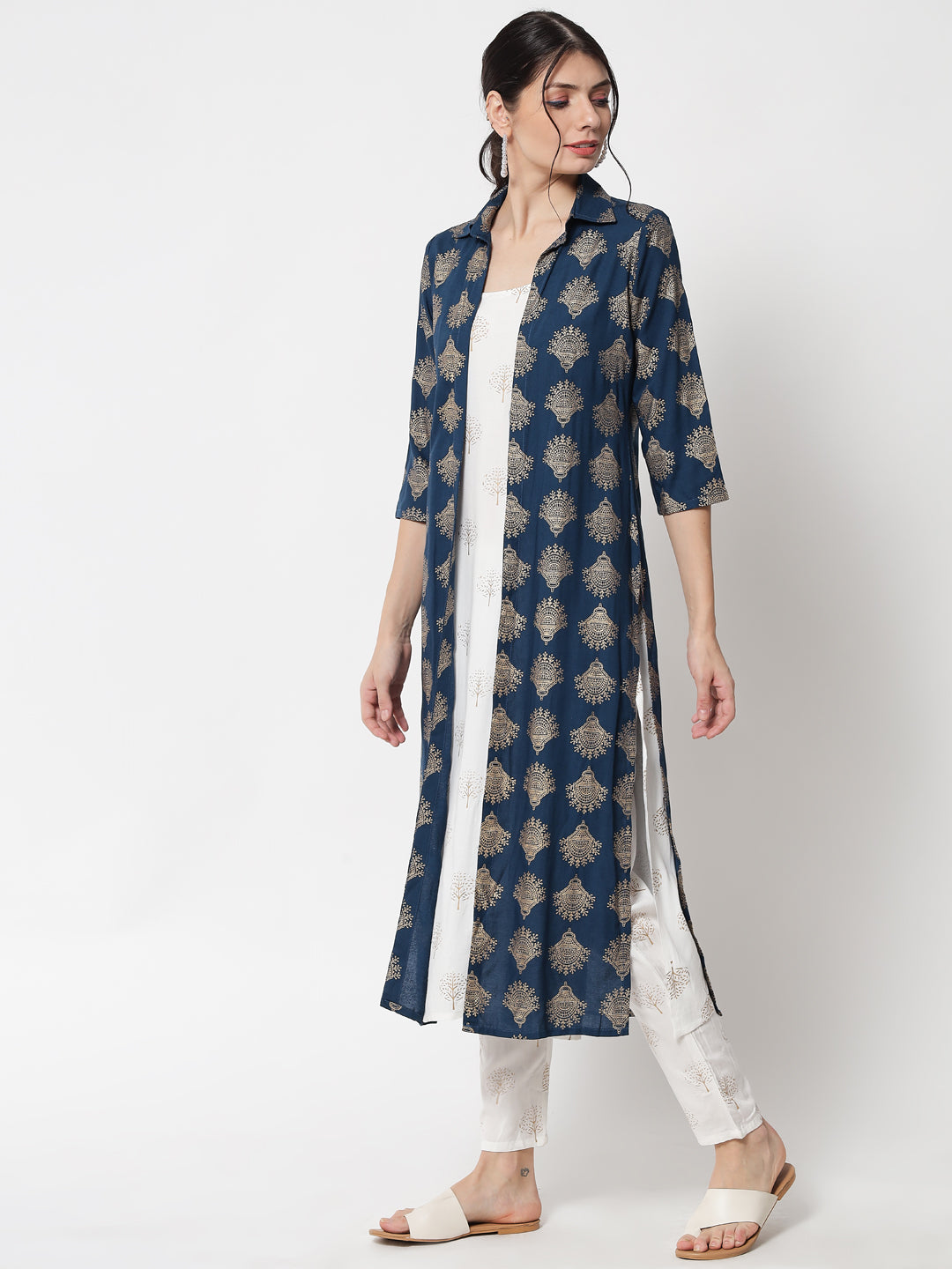 Women's White Foil Printed Kurta With Palazzos & Navy Blue Ethnic Jacket - Meeranshi