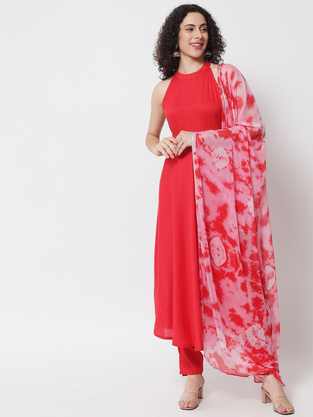 Women's Red Empire Gotta Patti Kurta with Trousers - Meeranshi