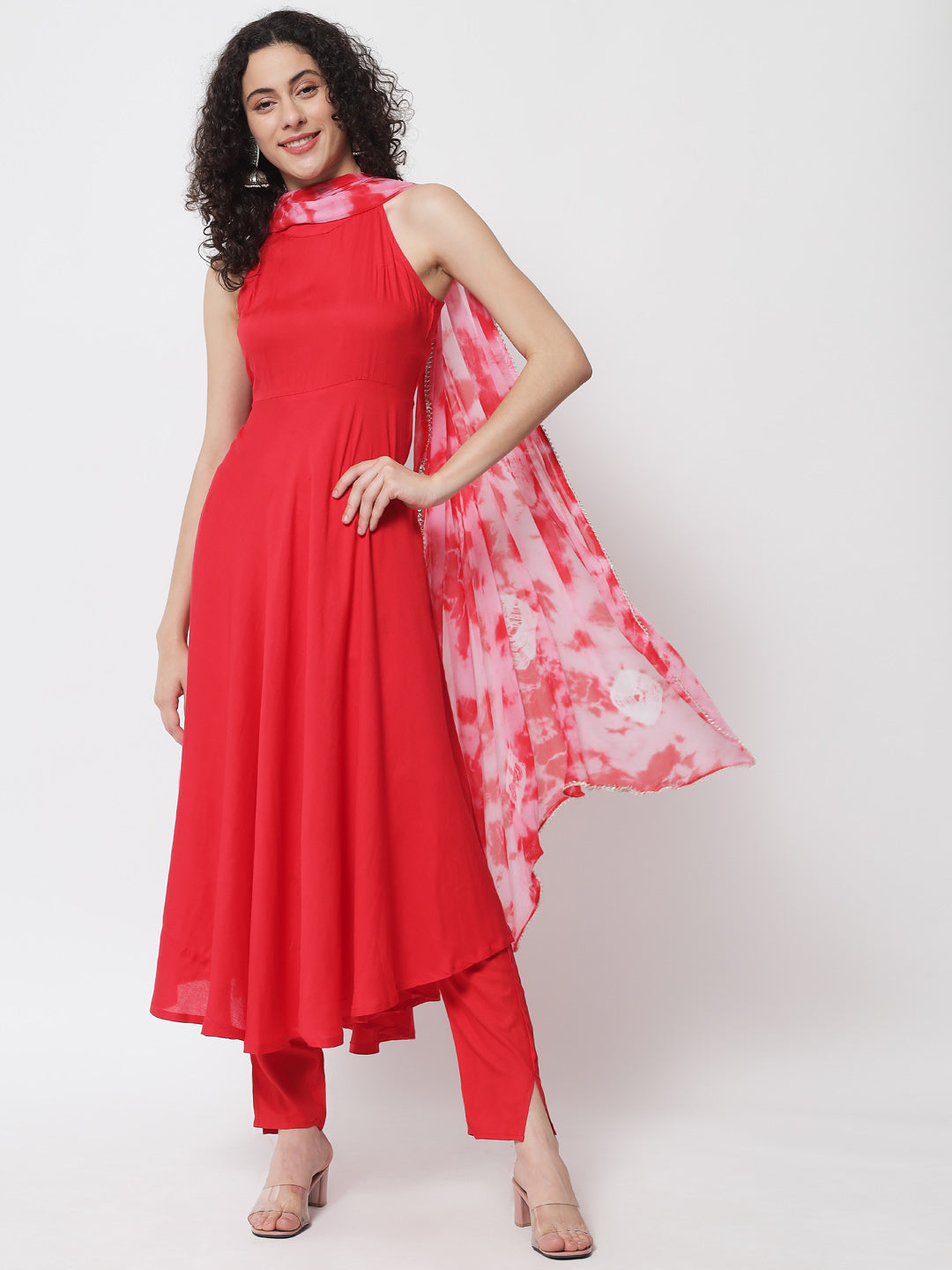 Women's Red Anarkali Kurta With Trousers & Tye-Dye Dupatta With Gotta Patti  - Meeranshi