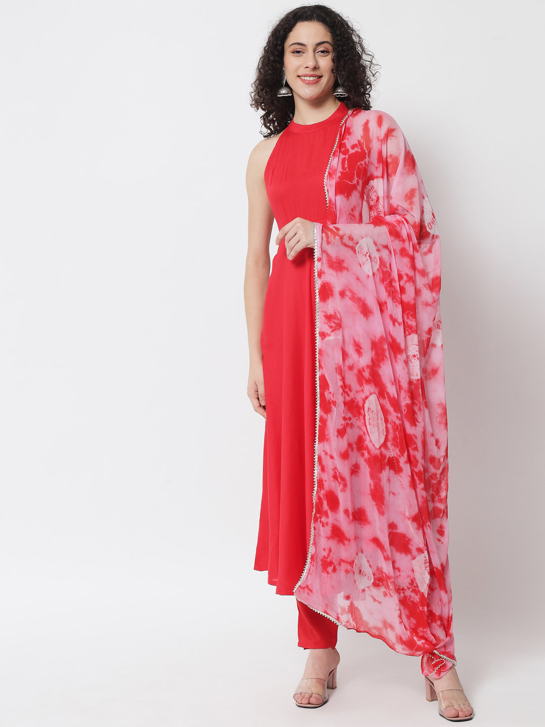 Women's Red Empire Gotta Patti Kurta with Trousers - Meeranshi