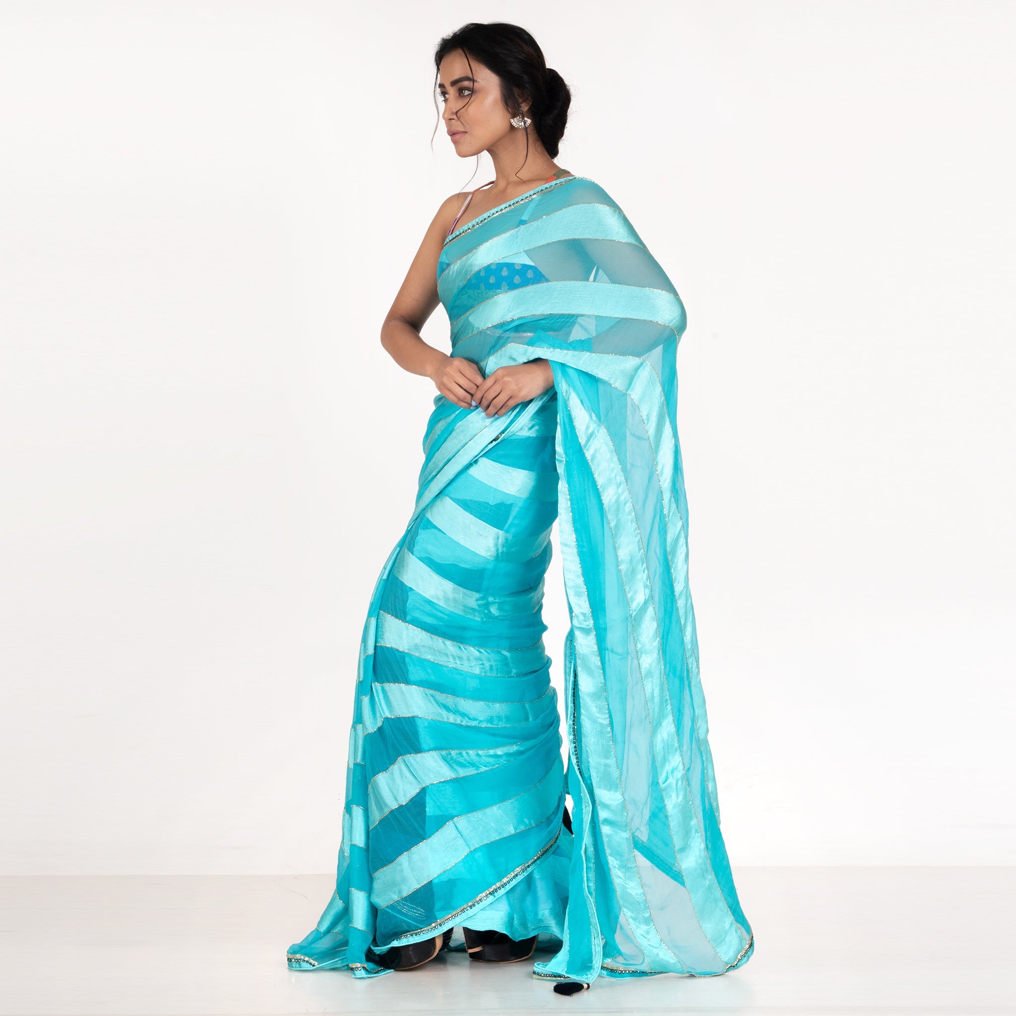 Women's Blue Satin Chiffon Stripe Saree With Hand Embroidery - Boveee