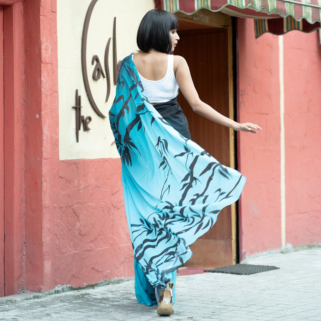 Women's Midnight Meadows Digital Printed Satin Georgette Saree