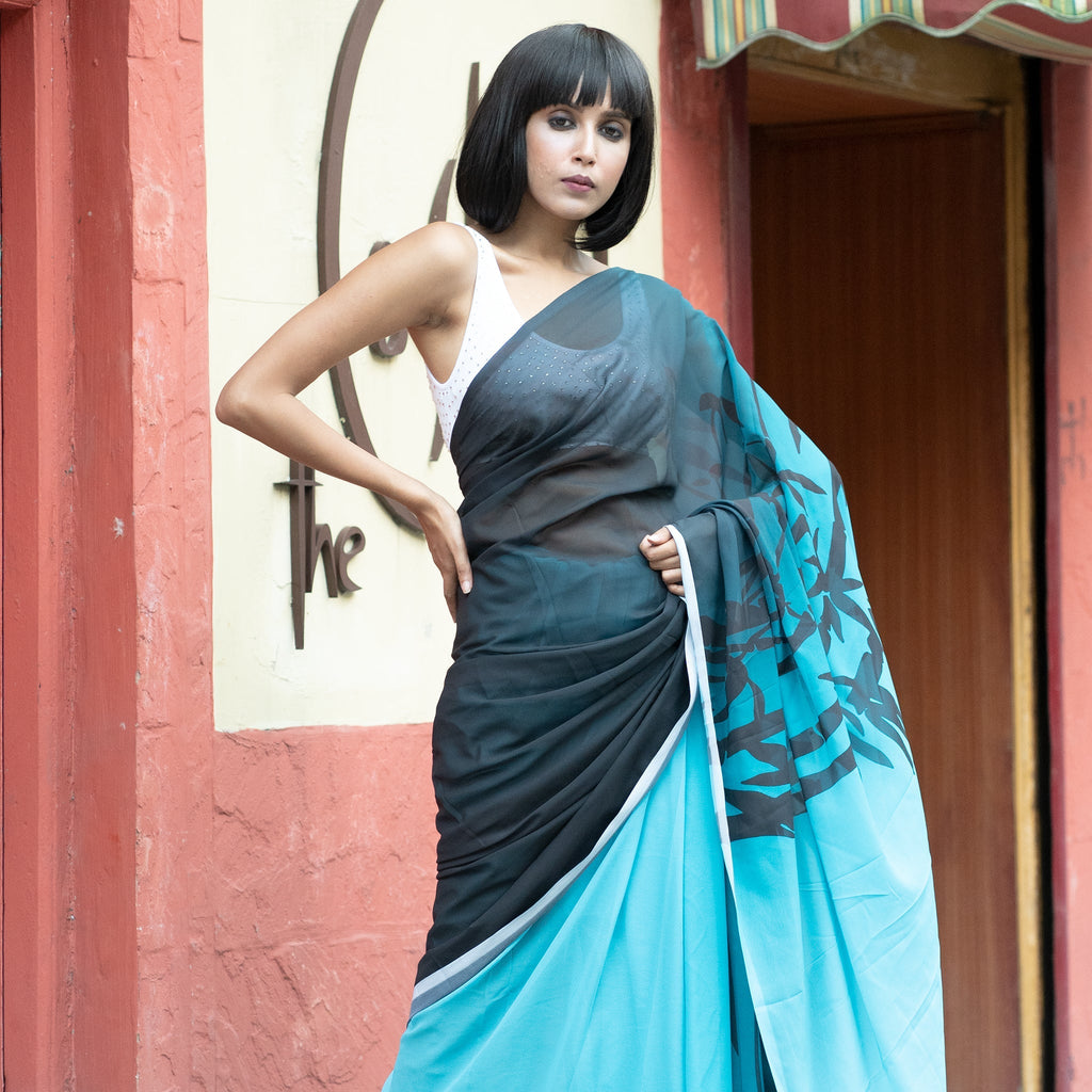 Women's Midnight Meadows Digital Printed Satin Georgette Saree