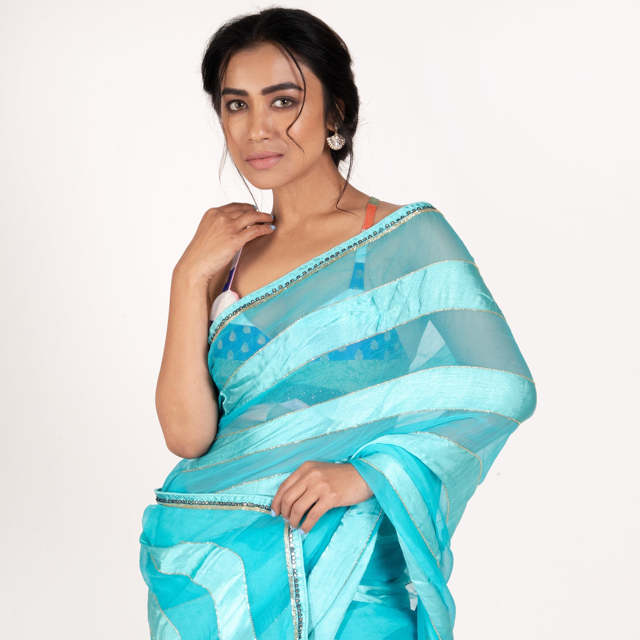 Women's Blue Satin Chiffon Stripe Saree With Hand Embroidery - Boveee