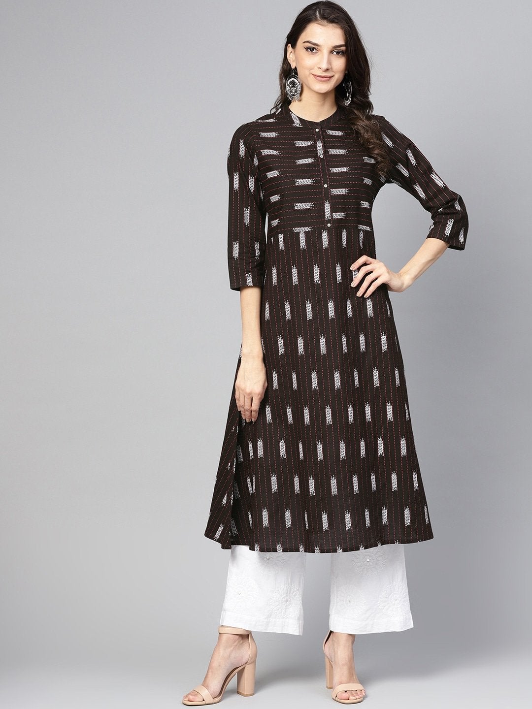 Women's Brown & Black Striped A-Line Kurta - Meeranshi