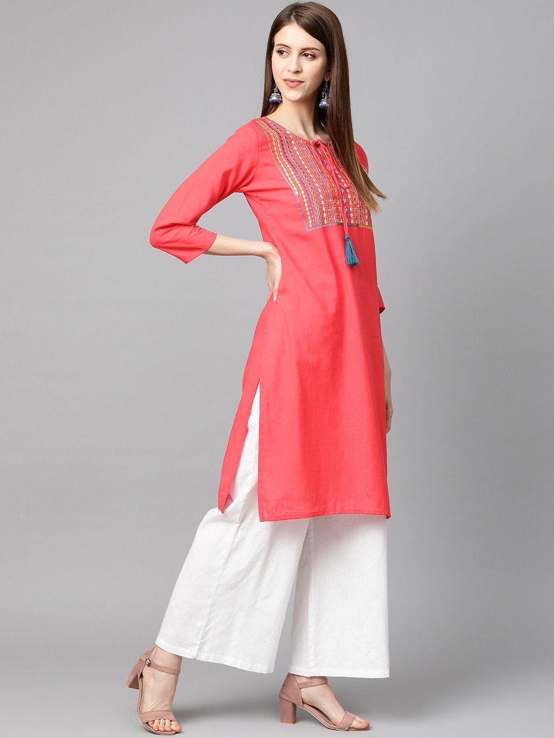 Women's Coral Pink Yoke Design Straight Kurta - Meeranshi