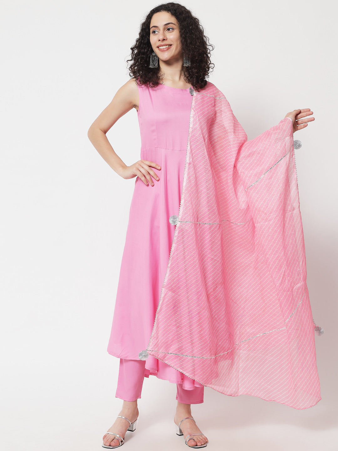 Women's Solid Pink Kurta With Trousers & With Dupatta - Meeranshi