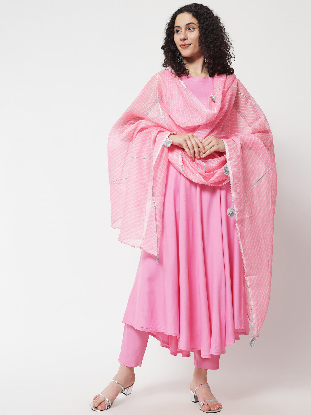 Women's Solid Pink Kurta With Trousers & With Dupatta - Meeranshi