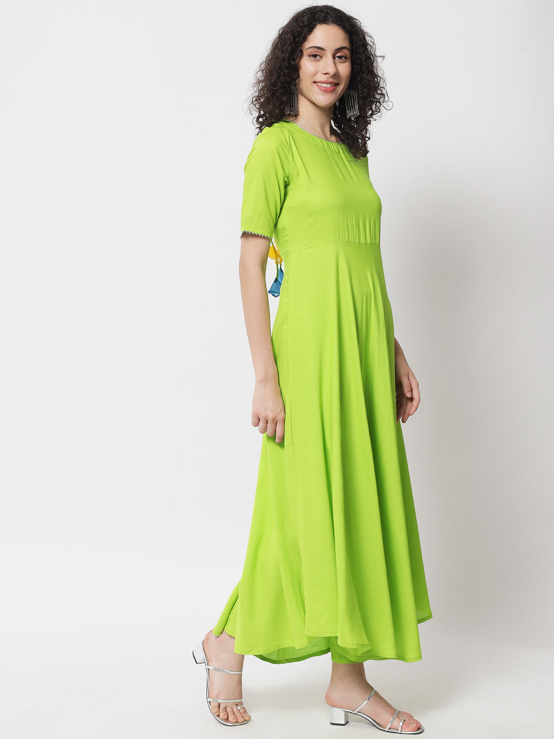 Women's Fluorescent Green Gathered Kurta With Trousers & Organza Dupatta - Meeranshi