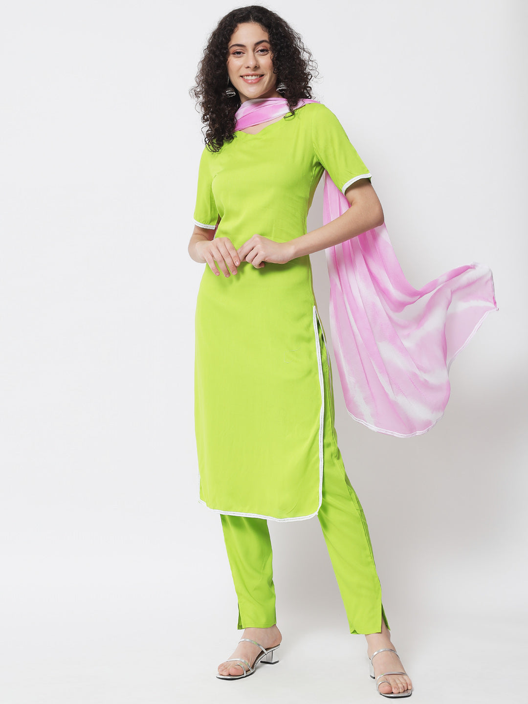 Women's Fluorescent Green Kurta With Trouser And Dupatta - Meeranshi