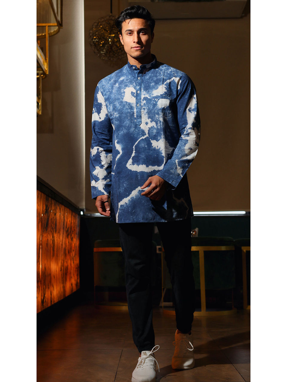 Men's Blue Tye Dyed Cotton Short Kurta - Hatheli