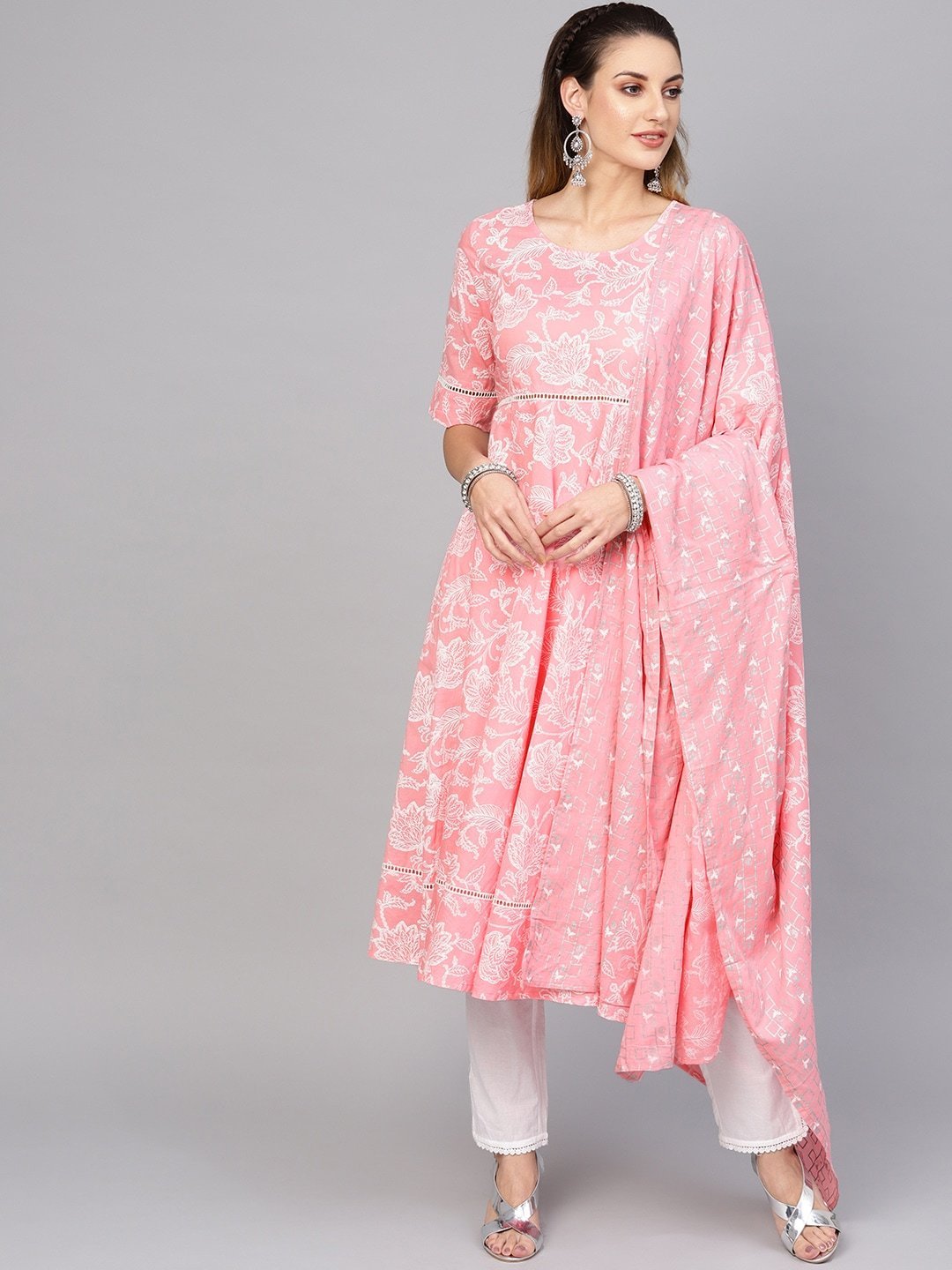 Women's  Pink & White Khari Print Kurta with Trousers & Dupatta - AKS