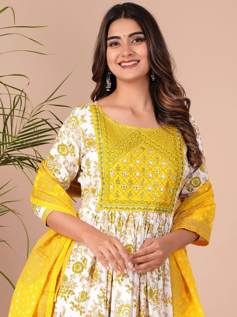 Women's Ethnic Motif Printed Thread Work Pleated Straight Kurta With Trousers & Dupatta