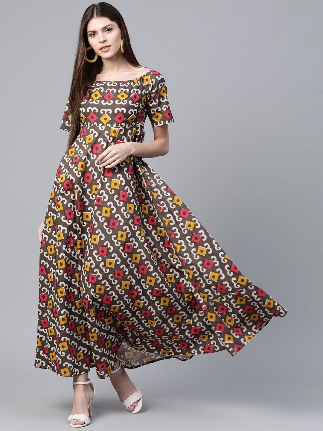 Women's  Brown & Red Ethnic Printed Maxi Dress - AKS