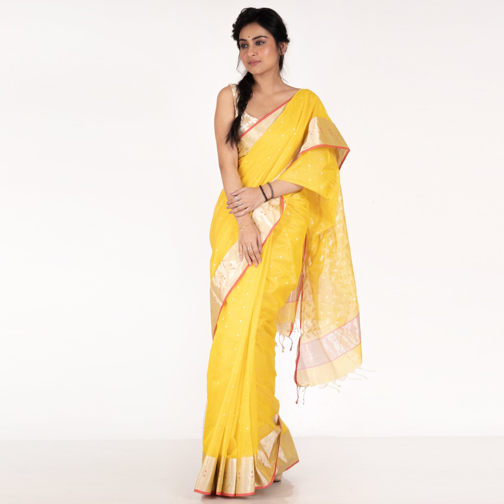 Women's Fresh Yellow Pure Silk Chanderi Saree With Zari Booti And Border - Boveee