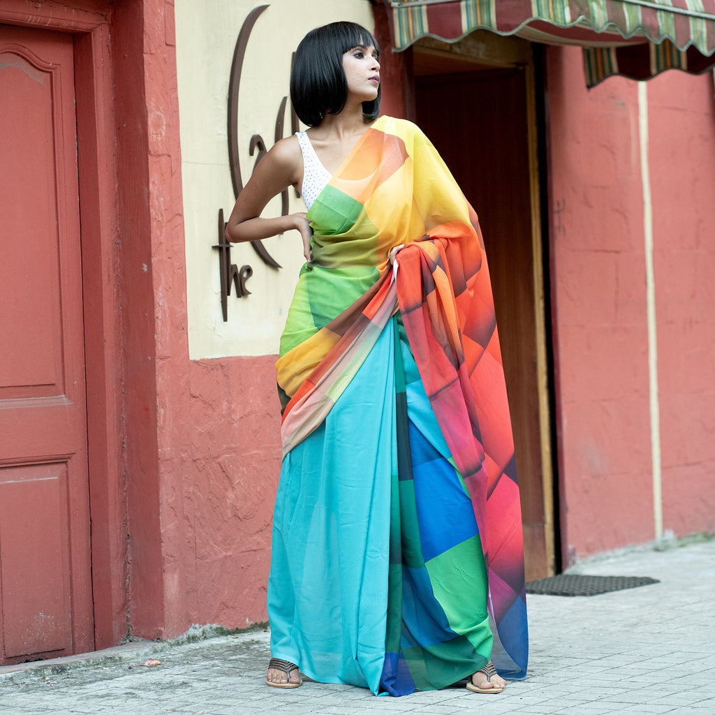 Women's Sunshine Kaleidoscope Digital Printed Satin Georgette Saree