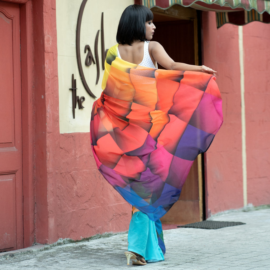 Women's Sunshine Kaleidoscope Digital Printed Satin Georgette Saree