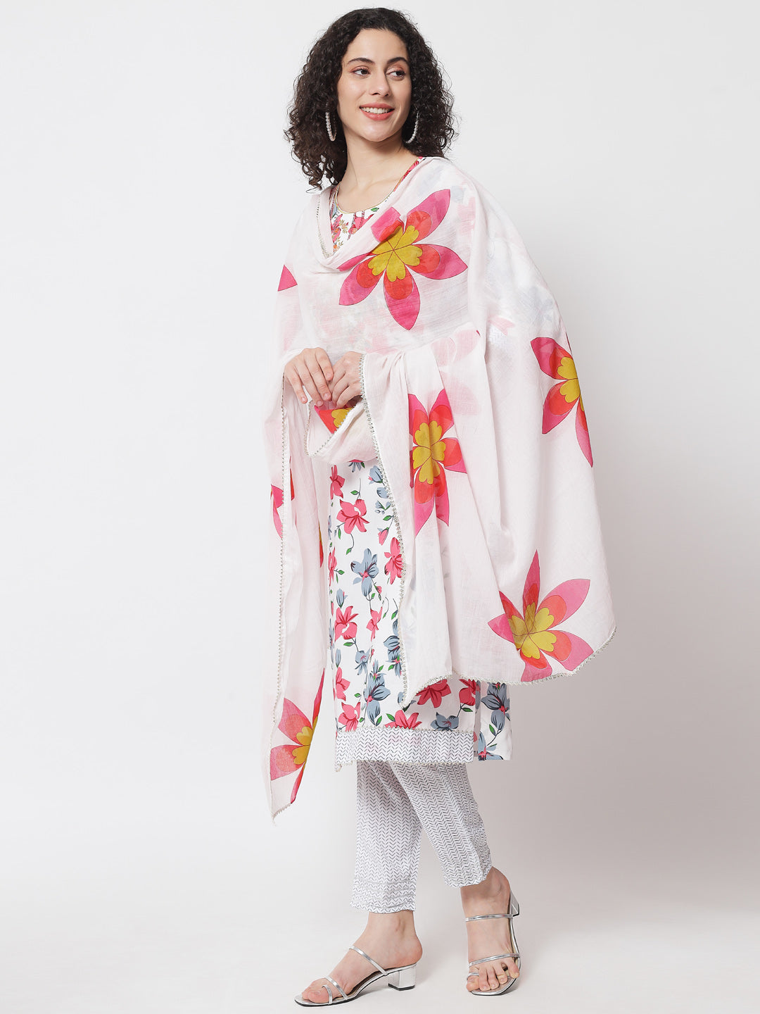 Women's White & Pink Floral Printed Gotta Patti Cotton Straight Kurta Palazzo With Dupatta - Meeranshi