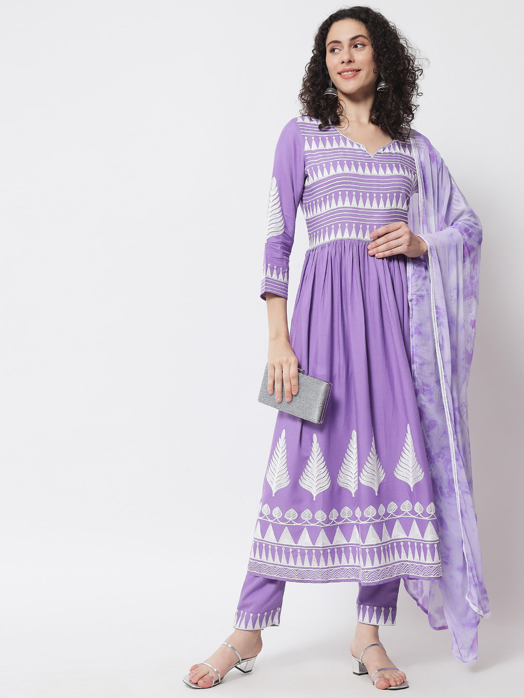 Women's Purple Solid Embroidered Kurta With Trousers & Dupatta - Meeranshi