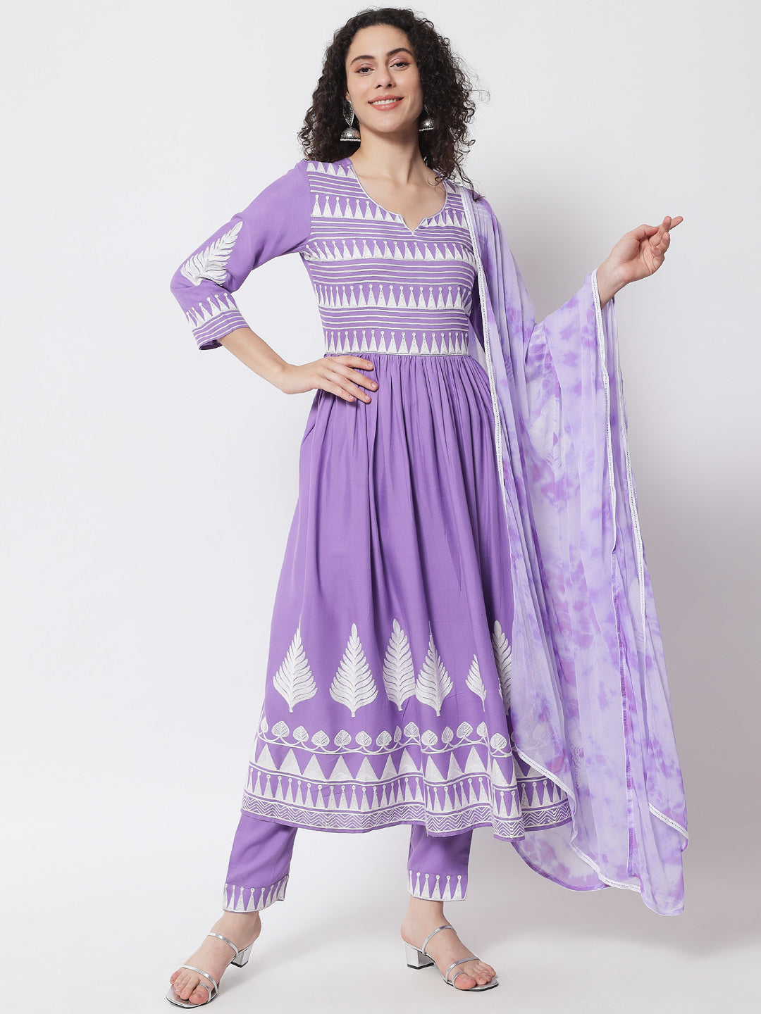 Women's Purple Embroidered Panelled Thread Work Kurta with Trousers & With Dupatta - Meeranshi