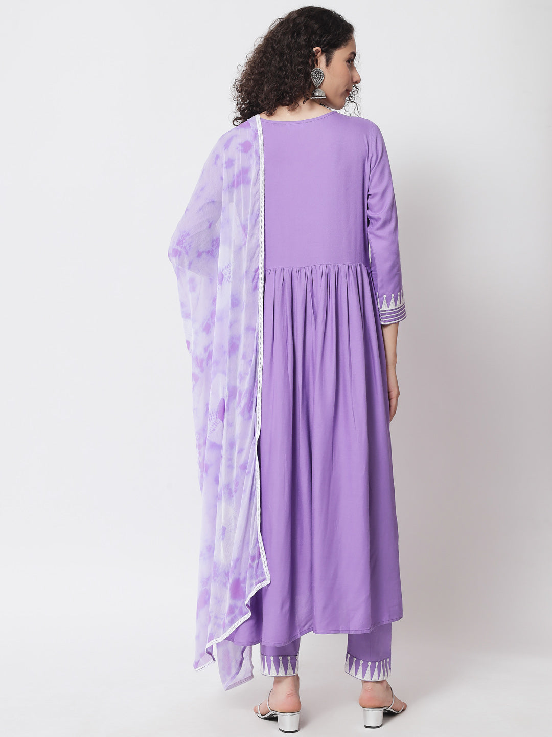 Women's Purple Solid Embroidered Kurta With Trousers & Dupatta - Meeranshi