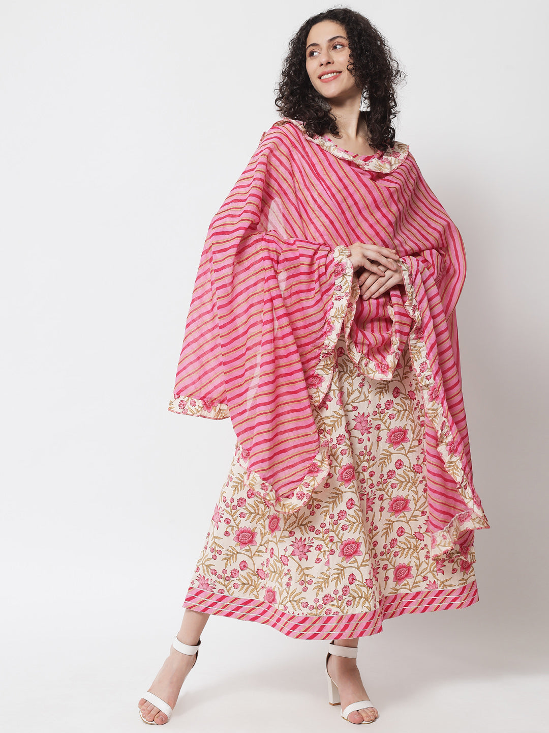 Women's Floral Peach Printed Layered Pure Cotton Dress With Dupatta - Meeranshi