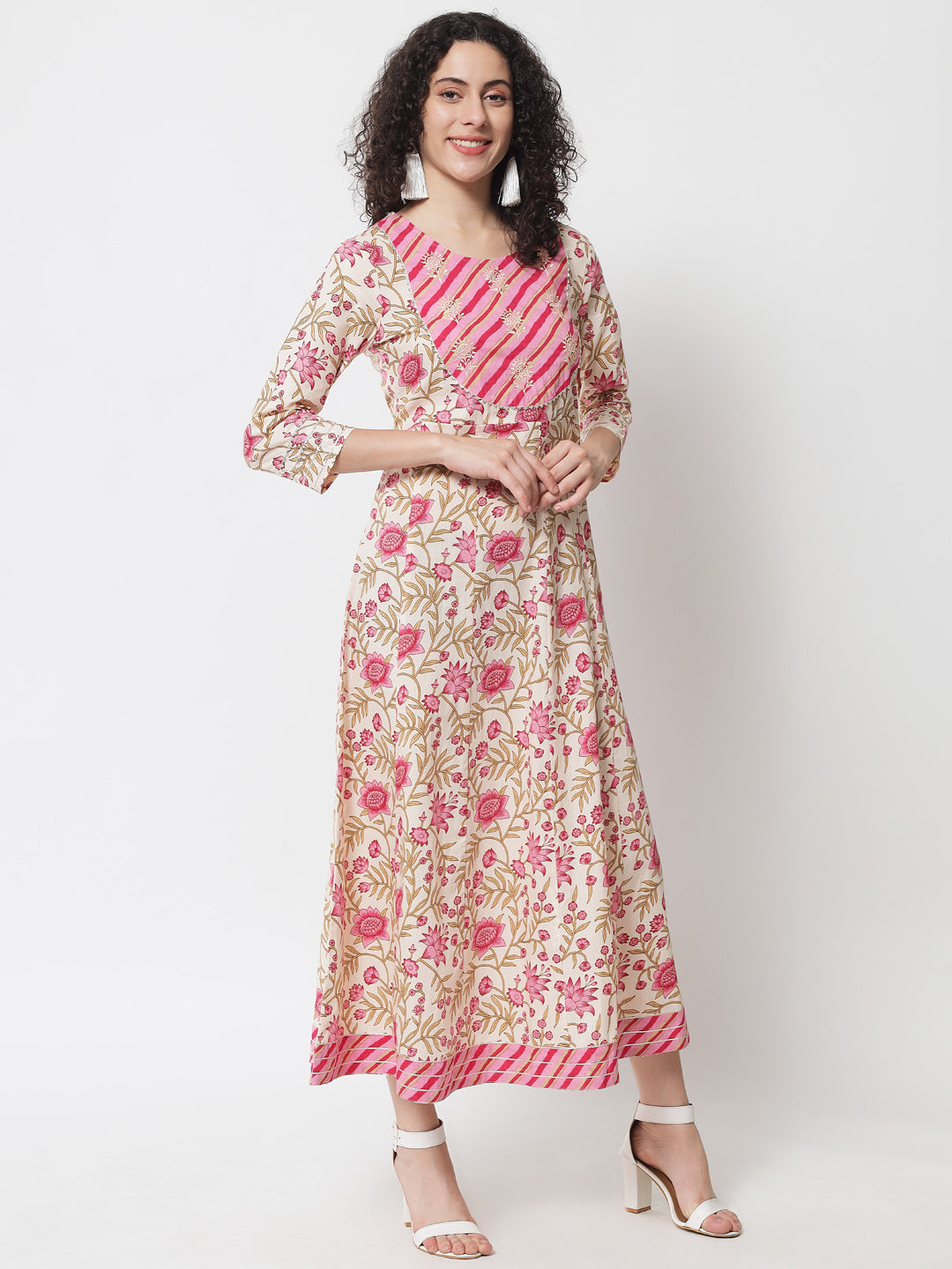 Women's Floral Peach Printed Layered Pure Cotton Dress With Dupatta - Meeranshi