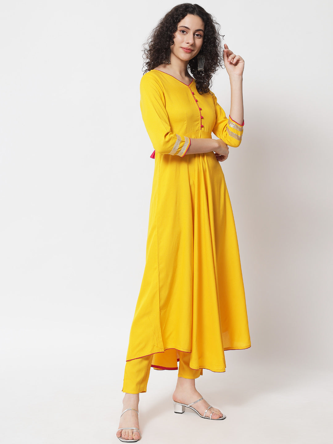 Women's Yellow Solid Kurta With Trousers & Dupatta - Meeranshi