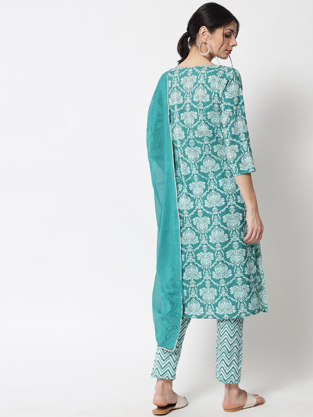 Women's Green & White Printed Pure Cotton Kurta With Trousers & Dupatta - Meeranshi